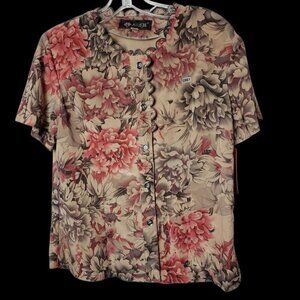 Floral Button-Up Short-Sleeve Blouse With Scalloped Edging  Multicolor Size 21